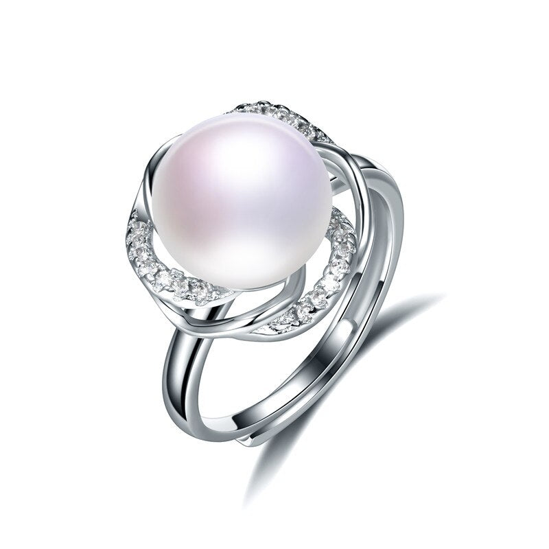 AAAA High Luster White Bread Round Freshwater Adjustable Ring For Women