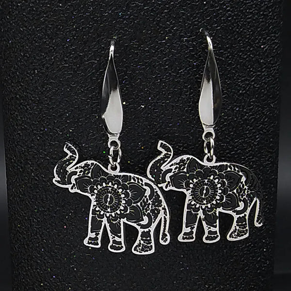 Elephant Stainless Steel Dangle Earrings Women Black Enamel Animal Earrings