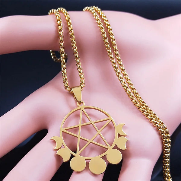 Witchcraft Pentagram Moon Stainless Steel Long Necklaces Gold Color Witch Pagan Chain Necklaces