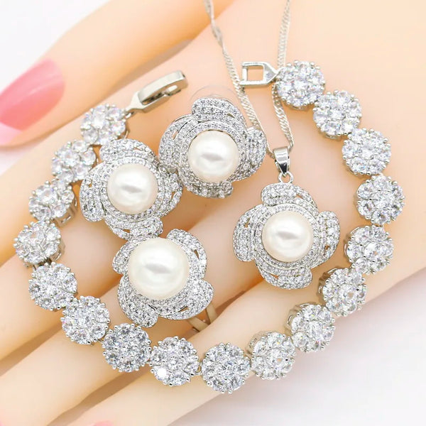 White Pearl Silver Color Jewelry Sets For Women