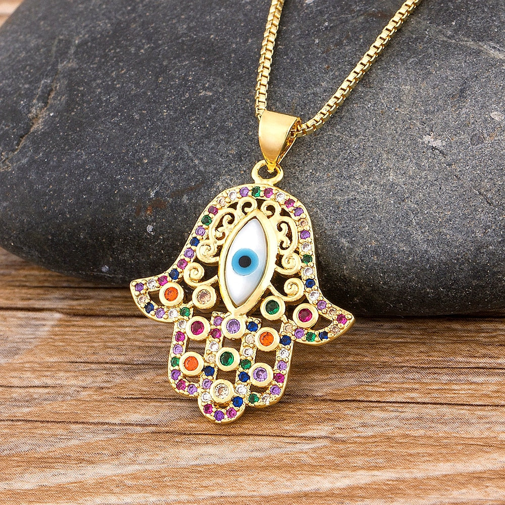 Women Men Hamsa Hand Necklace Gold Color Copper Zircon Evil Eye Pendant