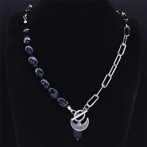 Moon Irish Knot Stainless Steel Black Natural Stone Charm Necklace Women/Men