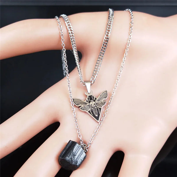 Gothic Skull Moth Stainless Steel Layered Necklace Women