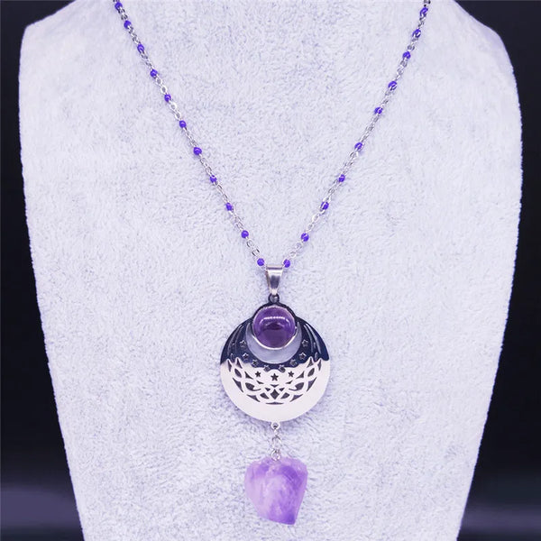 Witchcraft Purple Crystal Stainless Steel Necklace Chain Women Wicca Star Moon Silver Color