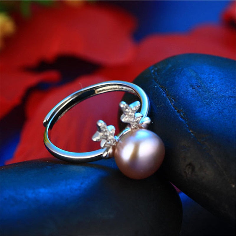 Drill With Deer Genuine Natural Pearl Ring, 925 Sterling Silver Rings for Women