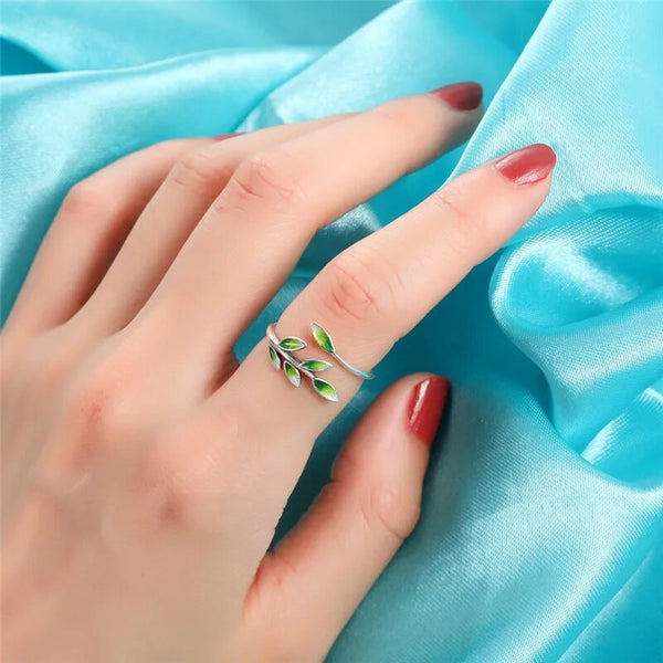 Real 925 Sterling Silver Green Enamel Leaf Ring