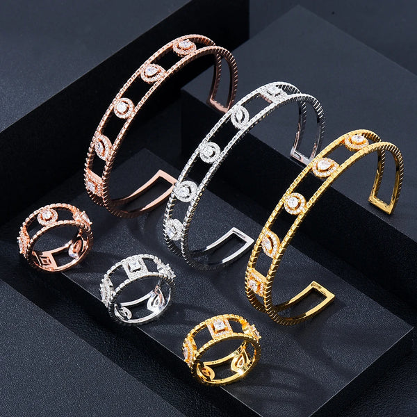 Luxury Trendy Retro stitching Open Bangle Ring for Women Bridal Jewelry Sets