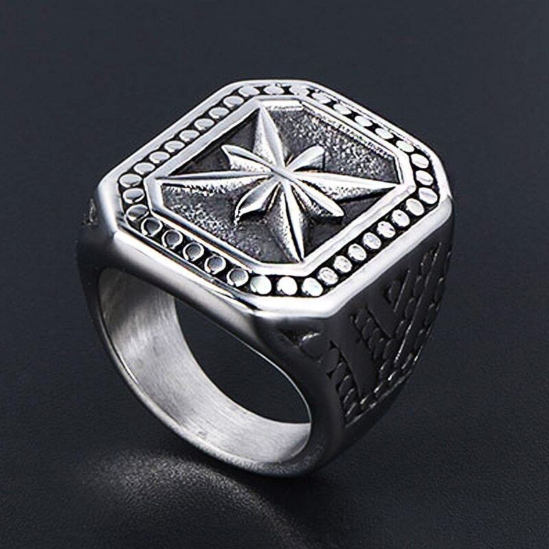 Vintage Heavy Metal North Star Signet Ring Men 316L Stainless Steel Punk Biker Ring