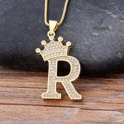 New Design 26 Letters A-Z Zircon Crown Initial Alphabet Pendant Necklace