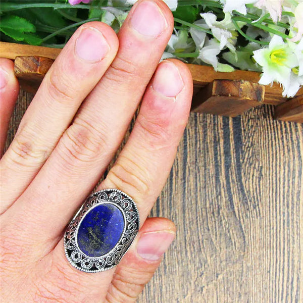 Oval Lapis Lazuli Rings For Women Natural Stone Flower Rings