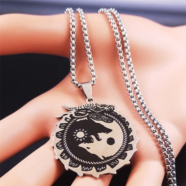 Yin Yang Gossip Wolf Sun Moon Stainless Steel Dragon Pendant Necklace