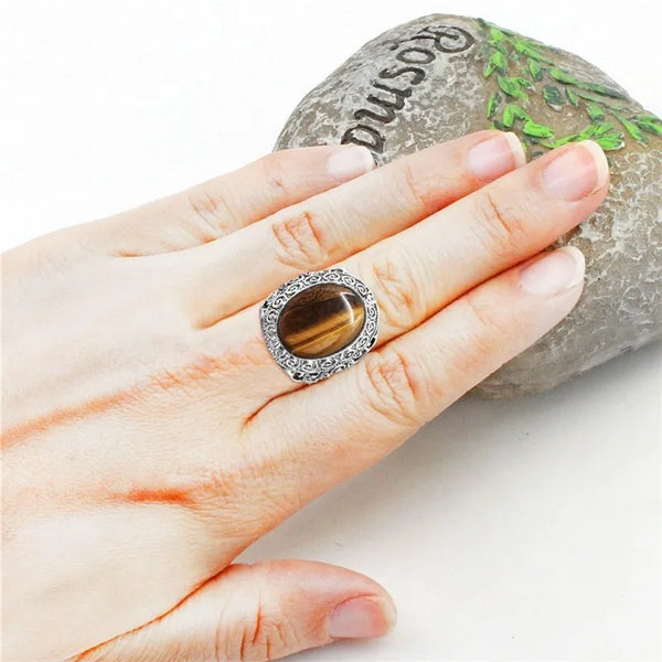 Oval Tiger Eye Rings For Women Natural Stone Flower Ring