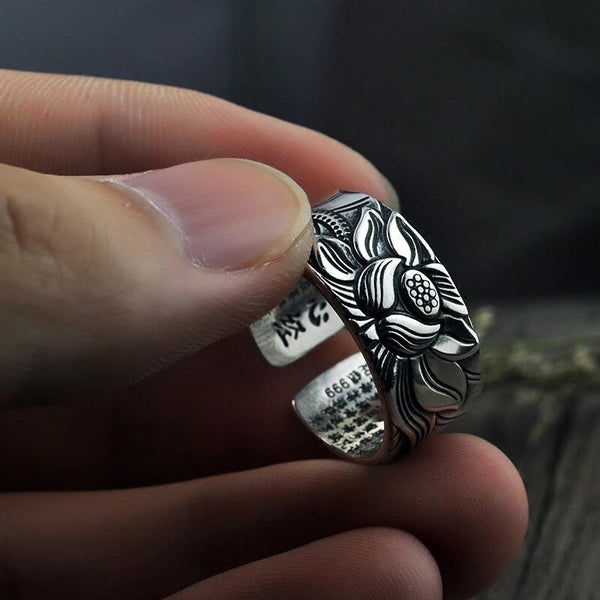 999 Silver Lotus Ring Vintage Amulet Buddha Lotus Baltic Buddhist Scriptures Opening Ring For Men