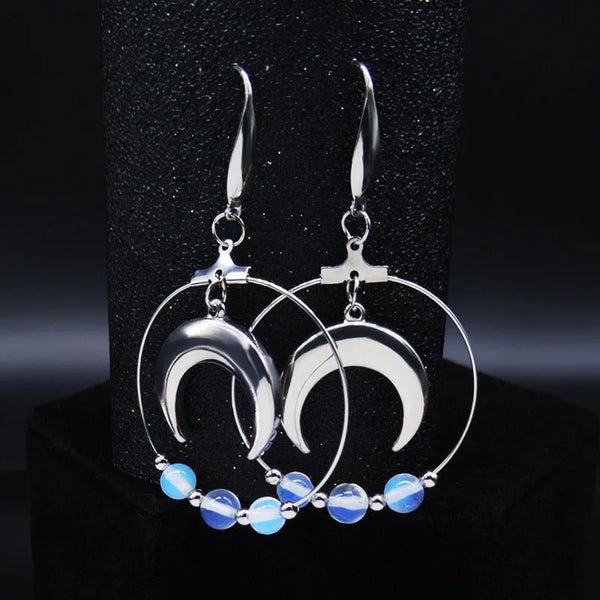 Fashion Witchcraft Moon Opal Stainless Steel Earrings for Women Round Dangle Earring