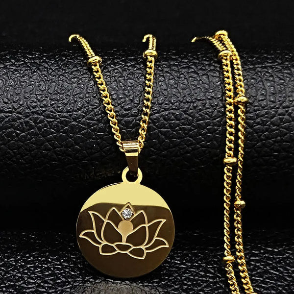 Lotus Flower Crystal Stainless Steel Statement Necklace for Women Bead Gold Color Yoga Neckless