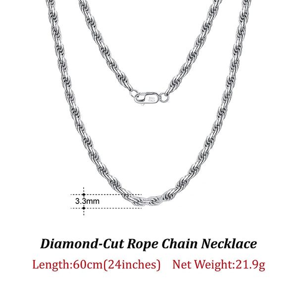 Solid 925 Sterling Silver 2.3/3.3mm Diamond-Cut Rope Chain Necklace for Women