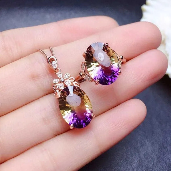 Oval Simulated Amethyst Gradients Color Stone Pendant Necklace Rings Sets for Women