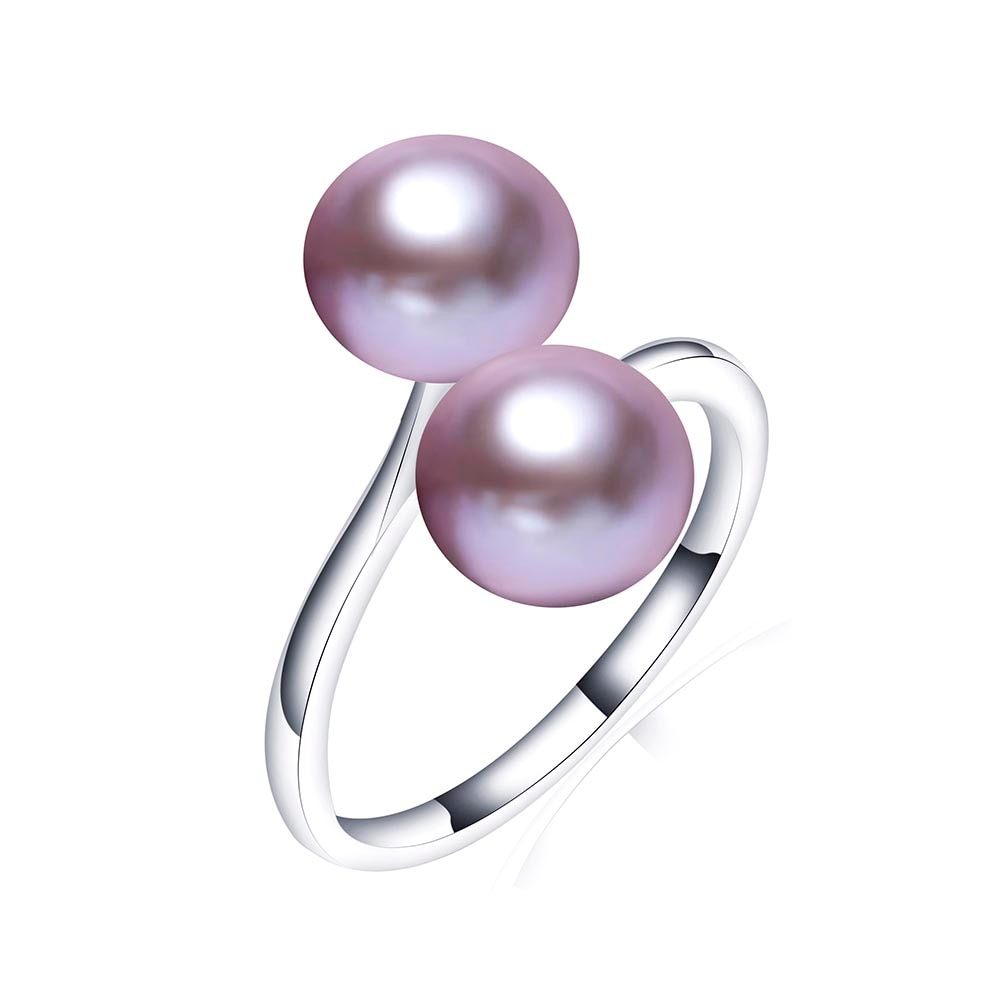 Fashion Simple Double Natural Freshwater Pearls 925 Silver Open Finger Ring