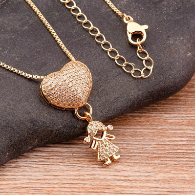 New Design 9 Styles Luxury Copper Zircon Boy Girl Heart Pendant Women