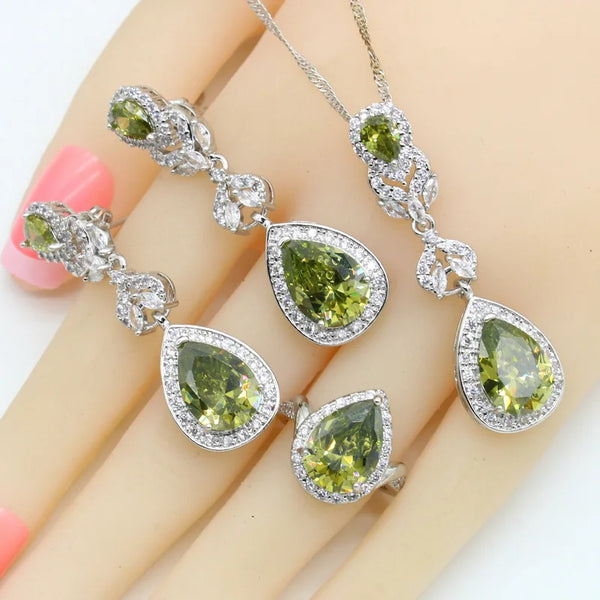 3 Colors Water Drop Olive Green Zirconia Dubai Jewelry Sets For Women