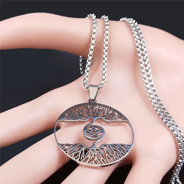 Witchcraft Pentagram Stainless Steel Silver Color Tree of Life Chain Necklace