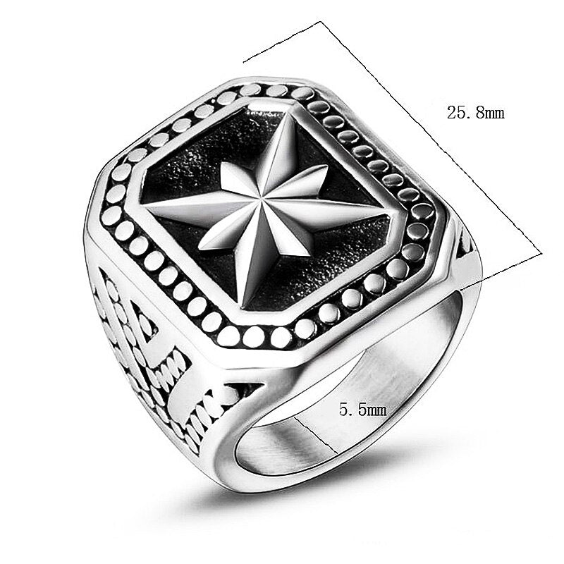 Vintage Heavy Metal North Star Signet Ring Men 316L Stainless Steel Punk Biker Ring