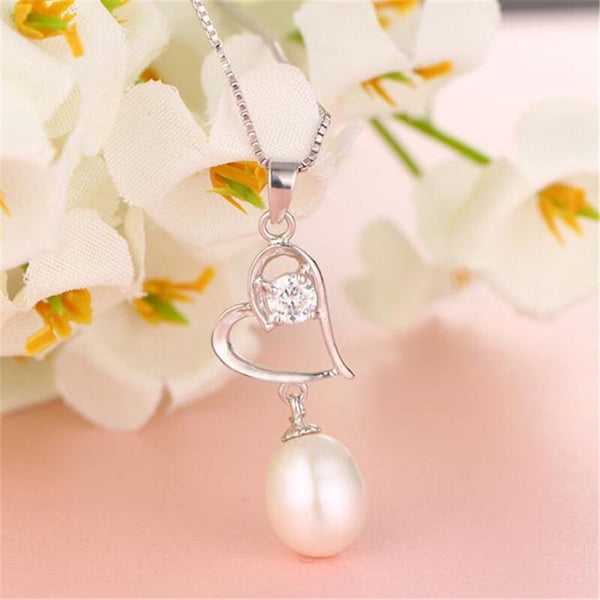 Natural Freshwater Oval Pearl Necklace Silver Heart Zircon Pendant Necklace