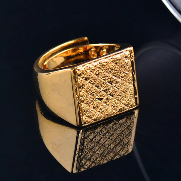 Luxurious Wide Free Size Pure Copper Rings Yellow Gold Color Geometric Patterns Rings For Men