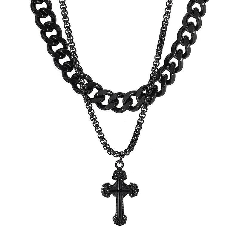 Cross Charm Pendant Necklace For Men Double Layer Stainless Steel Curb Neck Chain