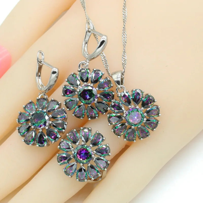 Rainbow Zirconia Silver Color Dubai Bridal Jewelry Sets For Women