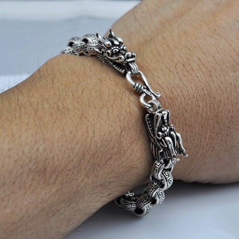 Unibabe 8mm Thick Pure Silver Vintage Round Cross Dragon Head Bracelet