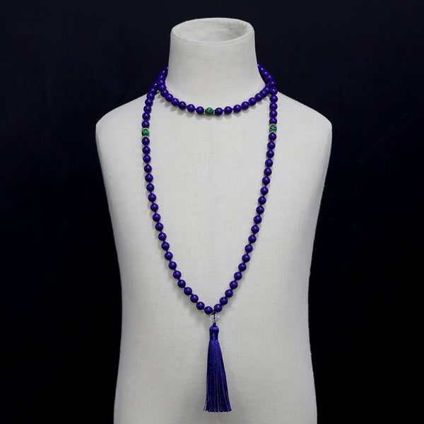 108 Mala 8MM Lapis Lazuli & Green Malachite Beaded Knotted Necklace Men and Women