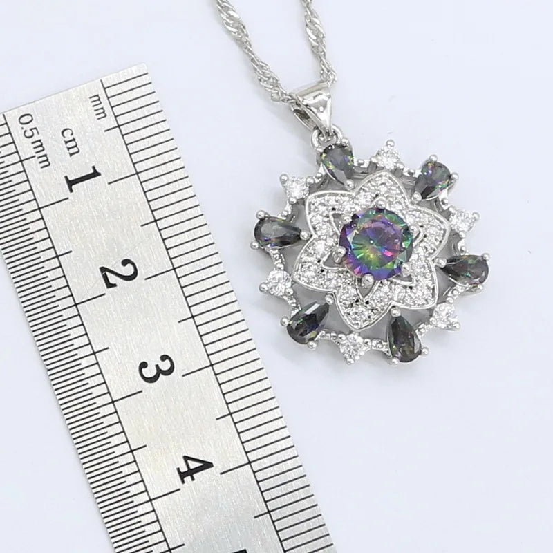 Silver Color Rainbow Zircon Bracelet Earrings Rings Necklace Pendant Gift