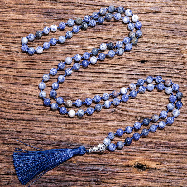 108 Japamala Knotted Necklace 8mm Natural White Dot Blue Stone Beaded Meditation