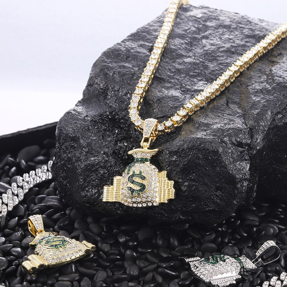 Hip Hop Money Bag With Dollar Logo Pendant Luxury Iced Out Necklace