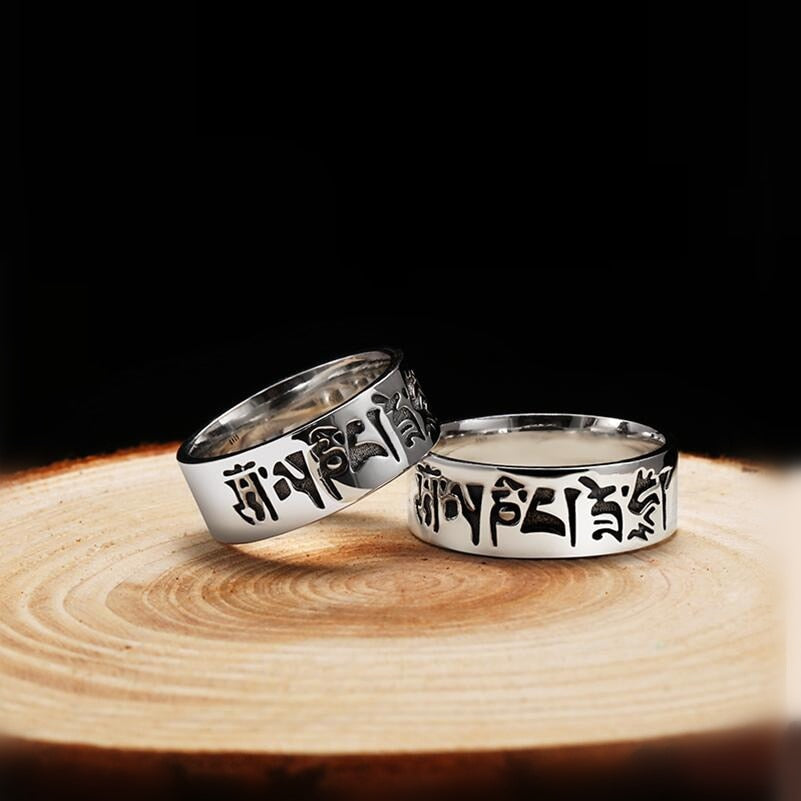 Unibabe Real Silver Spell Carving Closed Ring S925 Streling Silver Buddha Mantra Ring