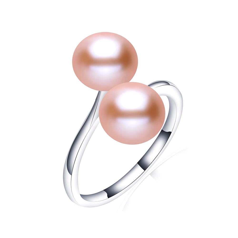 Fashion Simple Double Natural Freshwater Pearls 925 Silver Open Finger Ring