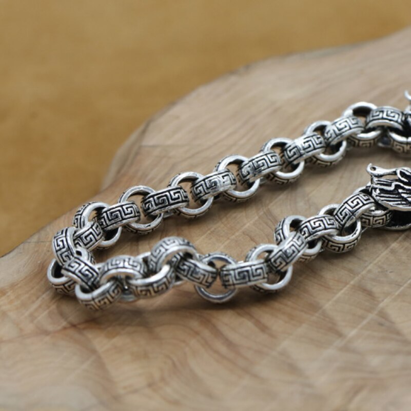 Unibabe 8mm Thick Pure Silver Vintage Round Cross Dragon Head Bracelet