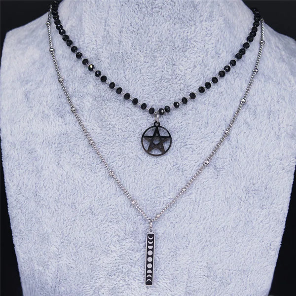 2pcs Moon Pentagram Stainless Steel Chain Necklace Women Black Color