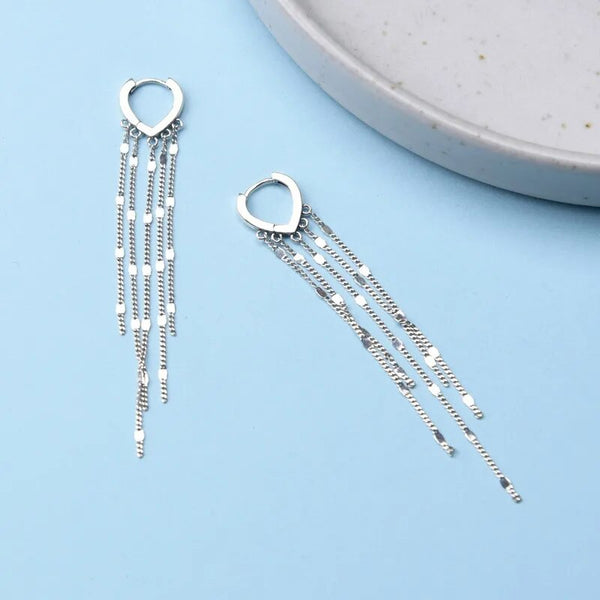 Real 925 Sterling Silver Tassel Earrings for Women Heart-shaped Ear Hook Piercing Earings