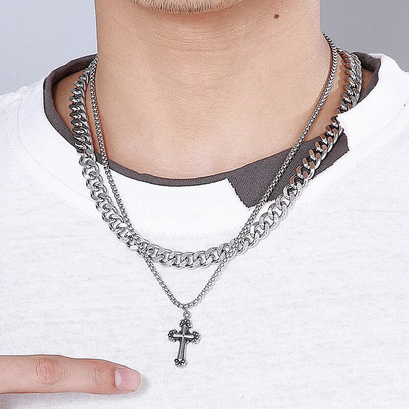 Cross Charm Pendant Necklace For Men Double Layer Stainless Steel Curb Neck Chain