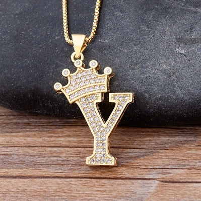 Luxury Copper Zircon A-Z Crown Alphabet Pendant Chain Necklace