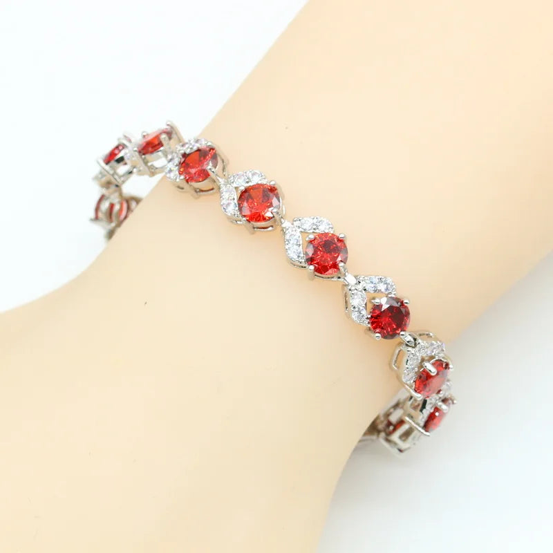 Red Zirconia Dubai Silver Color Jewelry Sets For Women