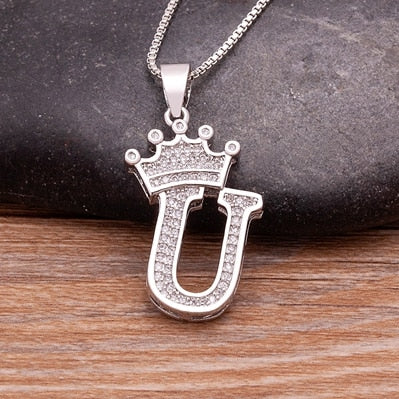 Fashion Luxury A-Z Crown Alphabet Pendant Chain Necklace