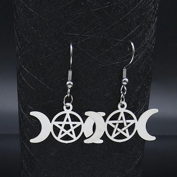 Witchcraft Triple Moon Goddess Stainless Steel Earring Wicca Pentagram Gothic Drop Earrings