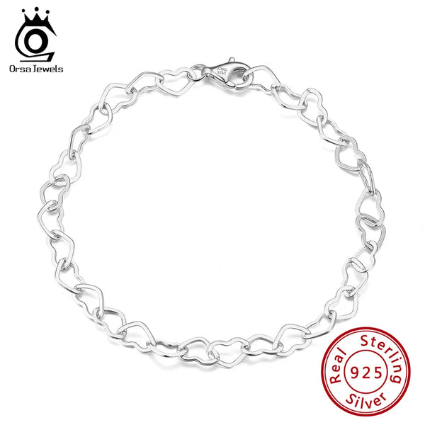 925 Sterling Silver Elegant Heart Link Chain Bracelet For Women