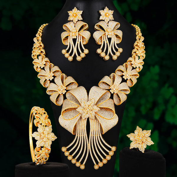 High Quality Original Luxury Romantic Blooming flowers Big Necklace Bracelet Rings Earrings Jewelry Set