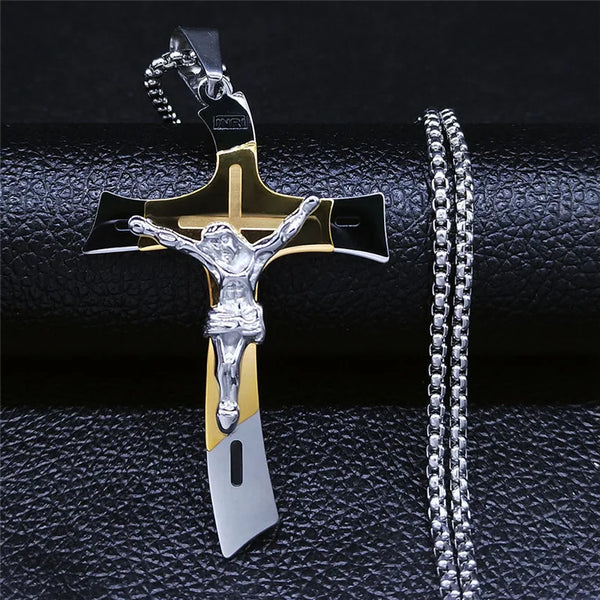 Cross Jesus Crucifix Stainless Steel Multilayer Pendant Necklace