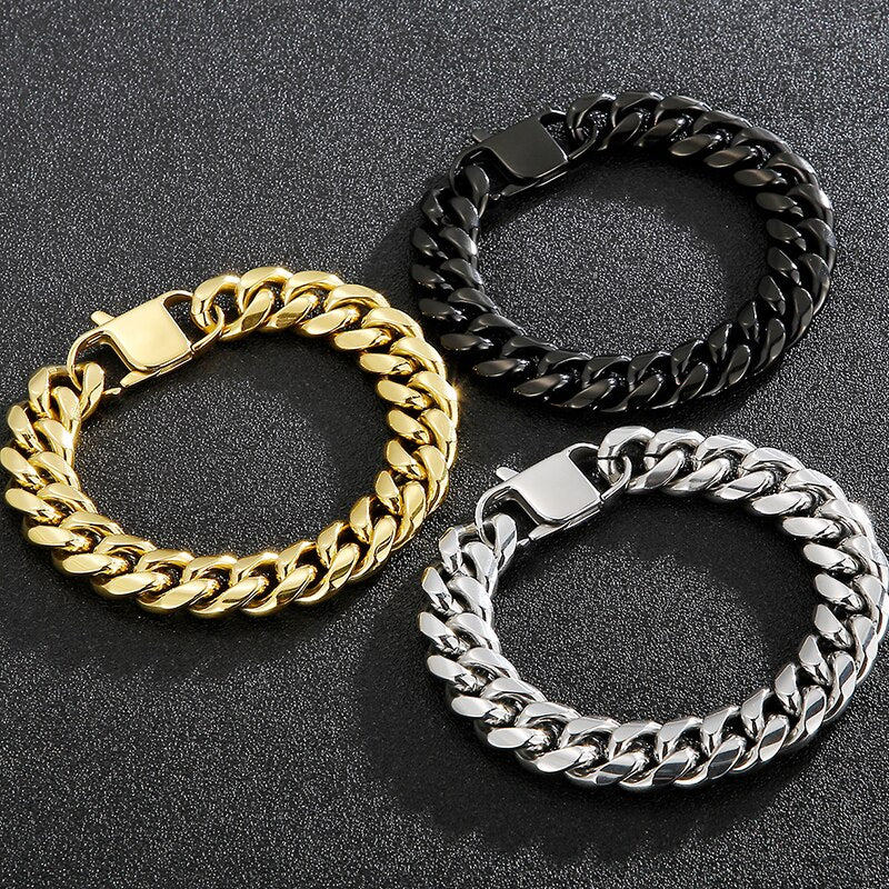 14MM Cuban Chain On Hand Bracelet Man Solid Polished Stainless Steel Curb Cuban Link Men's Bracelets