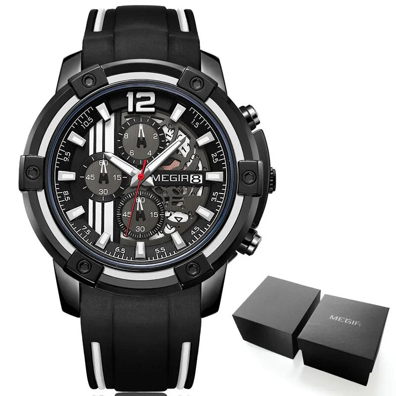 Men's Black Silicone Strap Quartz Watches Chronograph Sports Wristwatch for Man